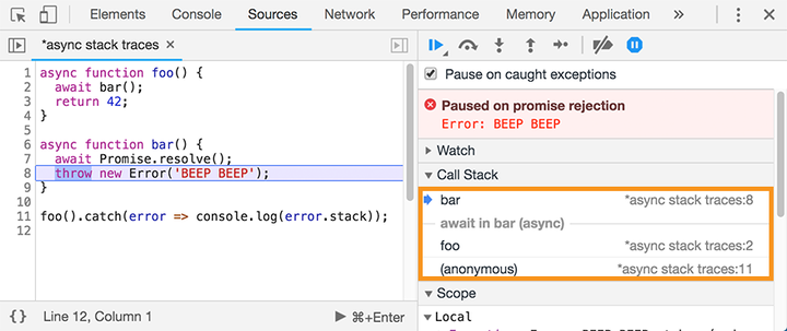 Async Stack Traces in Chome DevTools